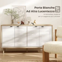 HOMCOM Credenza Moderna a 4 Ante con Ripiano Regolabile, 141x35x77 cm, Bianco Lucido e Rovere(m-4)