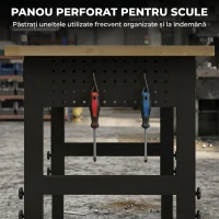 HOMCOM Masă de Lucru Reglabilă 122 cm, Blat Robust din Lemn de Cauciuc, 2 Prize AC și 2 Porturi USB, Panou Perforat, Capacitate 900 kg, pentru Garaj, Atelier și Casă(m-7)