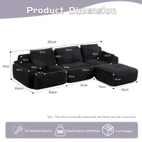 Modernes Sofa aus komprimiertem Memory-Schaumstoff, große Sofagarnitur für das Wohnzimmer, haustierfreundliches modulares Sofagarnitur Cloud, Cordstoff, kein Zusammenbau erforderlich, schwarz(m-3)