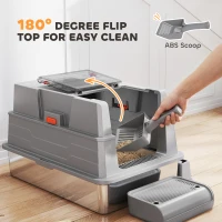 PawHut Litieră XXL din oțel inoxidabil 130 L cu capac rabatabil 180°, pereți înalți, lopățică, pedală 70x50x43cm Gri(m-4)