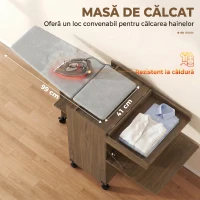 HOMCOM Dulap Masă de Călcat Pliabil cu Roți și Suport pentru Fier de Călcat, Dulap Multifuncțional cu Rafturi, Compartiment Deschis, pentru Spălătorie, Baie, 154x55x87 cm, Maro(m-6)