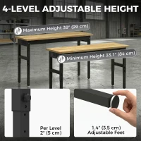 HOMCOM Masă de Lucru Reglabilă 122 cm, Blat Robust din Lemn de Cauciuc, 2 Prize AC și 2 Porturi USB, Panou Perforat, Capacitate 900 kg, pentru Garaj, Atelier și Casă(m-6)