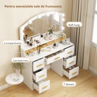 HOMCOM Masă de machiaj cu 10 becuri LED Hollywood, oglindă, 7 sertare, 3 compartimente, MDF, Alb(m-6)