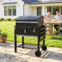 Outsunny Barbecue a Carvão com Rodas Tampa Grelhas de Aço Inoxidável Termômetro Bandeja Lateral e Prateleira 113x65x108 cm Preto(m-9)