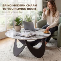 HOMCOM Coffee Table Sintered Stone Top Adjustable Foot Pads Modern Centre Table for Living Room White and Black(m-4)