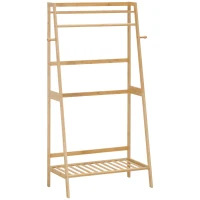 HOMCOM Portant à vêtements avec 2 étagères 2 crochets et 1 barre de suspension en bambou - 82 x 36,8 x 140 cm(m-1)