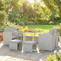Outsunny 9 Piece Rattan Cube Garden Furniture Dining Set with Armchairs, Footstools and Glass-Top Table, Light Grey(m-9)