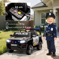 AIYAPLAY Carro Elétrico para Crianças de Polícia 12V com Motor Duplo Suspensão em 4 Rodas Sirene Faróis LED Porta USB Bluetooth e Música Preto(m-3)