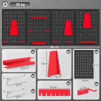 HOMCOM Set 4 Pannelli Porta Attrezzi da Parete in Acciaio 38pz, con 12 Supporti e 22 Ganci, Nero e Rosso(m-3)