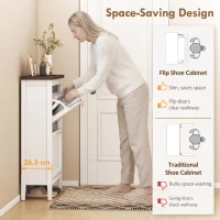 HOMCOM Shoe Cabinet with 2 Flip Drawers, Farmhouse Narrow Shoe Storage Cabinet with Adjustable Shelves, White(m-4)