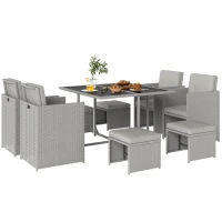 Outsunny 9 Piece Rattan Cube Garden Furniture Dining Set with Armchairs, Footstools and Glass-Top Table, Light Grey(m-10)