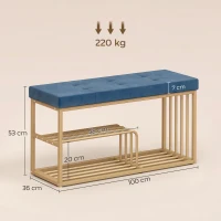 HOMCOM Bench and Shoe Storage, Tufted Shoe Storage Bench with Velvet Seat Cushion Gold Steel Frame for Entryway, Dark Blue(m-3)