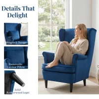 HOMCOM Modern Accent Chair with High Backrest and Pillow, Velvet-Feel Fabric Reading Chair with Solid Wood Legs, Blue(m-5)
