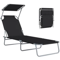 Outsunny Lettino Prendisole da Giardino Pieghevole e Regolabile con Tettuccio in Tessuto Nero, 187x58x50 cm(m-11)