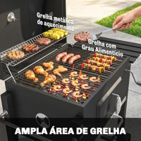 Outsunny Barbecue a Carvão com Rodas Tampa Grelhas de Aço Inoxidável Termômetro Bandeja Lateral e Prateleira 113x65x108 cm Preto(m-4)