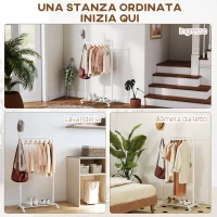 HOMCOM Stender Appendiabiti da Terra con Ruote, 5 Ganci e Ripiano Inferiore Porta Scarpe, Bianco(m-6)
