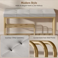 HOMCOM Bench and Shoe Storage, Tufted Shoe Storage Bench with Velvet Seat Cushion Gold Steel Frame for Entryway, Grey(m-4)