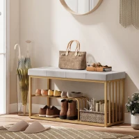 HOMCOM Bench and Shoe Storage, Tufted Shoe Storage Bench with Velvet Seat Cushion Gold Steel Frame for Entryway, Grey(m-2)