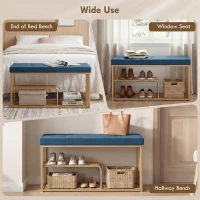 HOMCOM Bench and Shoe Storage, Tufted Shoe Storage Bench with Velvet Seat Cushion Gold Steel Frame for Entryway, Dark Blue(m-7)