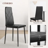 HOMCOM Set de 6 Sillas de Comedor Tapizadas de Cuero Sintético con Respaldo Alto y Patas de Acero 41x50x97 cm Negro(m-6)