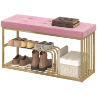 HOMCOM Bench and Shoe Storage, Tufted Shoe Storage Bench with Velvet Seat Cushion Gold Steel Frame for Entryway, Pink(m-11)