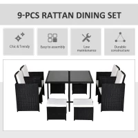 Outsunny 9 Pieces PE Rattan Cube Garden Furniture Set with Cushions, Outdoor Dining Table Set with 4 Armchair, 4 Stool, and Square Glass Top Table, Black(m-4)