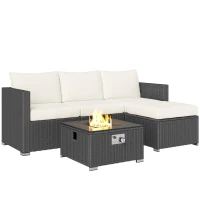 Outsunny Five Piece Rattan Garden Furniture Set with Gas Fire Pit Table and Footstool - Black and Cream White(m-10)