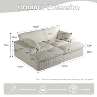Doppelter Chaiselongue-Sessel für den Innenbereich, übergroße gepolsterte Cloud-Schlafcouch, luxuriöses Schlafsofa mit tiefem Sitz, Sofa-Chaiselongue mit Anbausofa, Lesesessel aus Cord für das Wohnzimmer, kein Zusammenbau erforderlich, weiß(m-3)