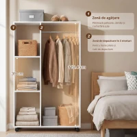 HOMCOM Garderobă pe roți, garderobă mobilă, cameră de haine, șipcă rulantă, 80 x 40 x 128 cm, Alb(m-6)