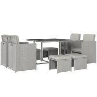 Outsunny 9 Piece Rattan Cube Garden Furniture Dining Set with Armchairs, Footstools and Glass-Top Table, Light Grey(m-1)