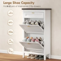HOMCOM Shoe Cabinet with 2 Flip Drawers, Farmhouse Narrow Shoe Storage Cabinet with Adjustable Shelves, White(m-5)