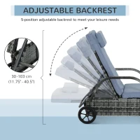 Outsunny Garden Rattan Furniture Single Sun Lounger Recliner Bed Reclining Chair Patio Outdoor Wicker Weave Adjustable Headrest with Fire Retardant Cushion - Grey(m-4)