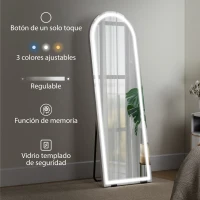 HOMCOM Espejo de Pie Cuerpo Entero con Luces 150x50cm Arqueado sin Marco 3 Temperaturas de Color Brillo Ajustable Transparente(m-7)