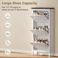 HOMCOM Shoe Cabinet with 3 Flip Drawers, Farmhouse Narrow Shoe Storage Cabinet with Adjustable Shelves, White(m-5)