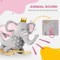 HOMCOM Kids Elephant-Designed Rocking Horse, with Safety Belt, Wooden Base, for Ages 18-36 Months - Grey(m-5)