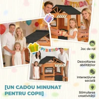 AIYAPLAY Căsuță de Grădină pentru Copii din Lemn de Brad, Căsuță pentru Exterior cu Bucătărie, 4 Ferestre, Ușă Parțială, Bancă, Raft și Acoperiș, pentru Copii 3-8 Ani, 171.5x146x156 cm, Maro(m-8)