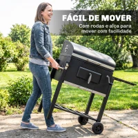 Outsunny Barbecue a Carvão com Rodas Tampa Grelhas de Aço Inoxidável Termômetro Bandeja Lateral e Prateleira 113x65x108 cm Preto(m-7)