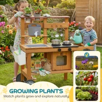 AIYAPLAY Wooden Mud Kitchen with Wheels, Stove, Faucet, Flower Pots, Stainless Steel Accessories for Toddlers 3-6, Brown(m-6)