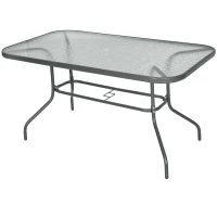 Outsunny Garden Dining Table Glass Top Metal Frame with Parasol Hole Outdoor Balcony Grey 140L x 80Wcm(m-1)