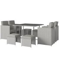 Outsunny 9 Piece Rattan Cube Garden Furniture Dining Set with Armchairs, Footstools and Glass-Top Table, Light Grey(m-11)