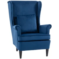 HOMCOM Modern Accent Chair with High Backrest and Pillow, Velvet-Feel Fabric Reading Chair with Solid Wood Legs, Blue(m-1)