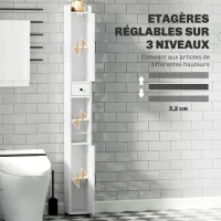 HOMCOM Armoire salle de bain haute, meuble de rangement colonne, 2 portes, tiroir, étagères réglables, 20x20x185cm, blanc(m-5)