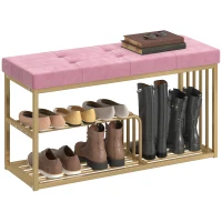 HOMCOM Bench and Shoe Storage, Tufted Shoe Storage Bench with Velvet Seat Cushion Gold Steel Frame for Entryway, Pink(m-10)