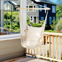 Outsunny Fauteuil suspendu extérieur et intérieur chaise hamac balançoire avec coussins, tissage en coton, charge 120 Kg, blanc(m-10)