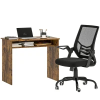 HOMCOM Modern Home Office Furniture Set, Computer Desk with Storage Shelf and Ergonomic Mesh Chair with Flip-Up Armrests, Lumbar Support, Adjustable Height, Rustic Brown and Black(m-10)