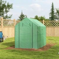 Outsunny Walk-in Greenhouse with 3 Tier Shelves, Outdoor Green House Garden Grow House with Reinforced PE Cover, Roll-up Door and Mesh Windows, 140 x 213 x 190cm, Green(m-8)