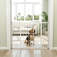 PawHut Barrera de Seguridad Extensible para Puertas y Escaleras para Perros y Bebé, Barrera para Mascotas, Ajuste a Presión, Apertura con Una Sola Mano, 2 Extensiones 15/10 cm, 76-107x76 cm, Blanco(m-8)