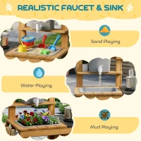 AIYAPLAY Wooden Mud Kitchen with Wheels, Stove, Faucet, Flower Pots, Stainless Steel Accessories for Toddlers 3-6, Brown(m-4)