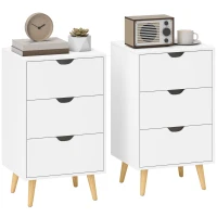 HOMCOM Set of 2 Bedside Tables, Modern Nightstand Side End Table with 3 Storage Drawers and Solid Pine Wood Legs for Bedroom Living Room Entryway, White(m-1)