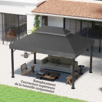Outsunny Toile de rechange pour pavillon toile de tonnelle 4 x 3 m, double toit avec trous de drainage, polyester 370 g/m², gris(m-10)